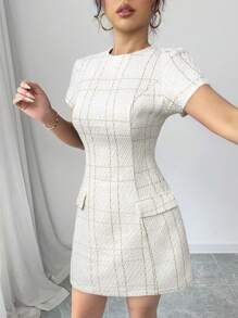 Elenzga 优雅法式格子花呢口袋装饰紧身迷你连衣裙