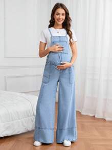 SHEIN 孕妇休闲洗水牛仔背带裤 - 淺色水洗藍 - 查看 6