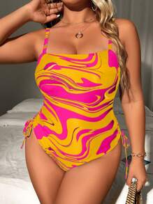 SHEIN Swim Curve Plus Size Women Marble Print Side Drawstring Strap One-Piece Swimsuit - Multicolor - View 1