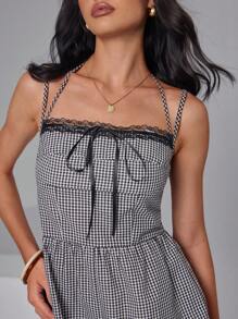 Roylia American Style Cami Contrast Lace Up Cinched Waist Plaid Strap Jumpsuit For Women - Black and White - View 1