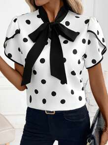 SHEIN Clasi Summer Women's Elegant Polka Dot Print Contrasting Lace Up Petal Sleeve Blouse, Suitable For Various Occasions - Black and White - View 5