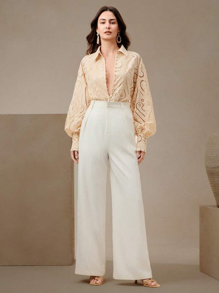 Women's Elegant Hollow-Out Vintage Loose Lantern Sleeve Lace Trim Long Sleeve Shirt, Suitable For Vacation, Festival, Casual Wear, Summer