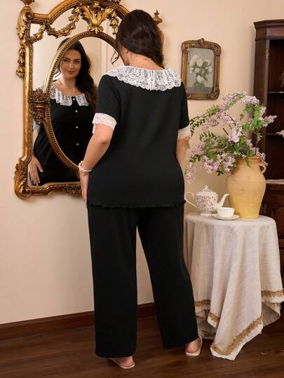 SHEIN Côtesoire Sweet French Palace Style Lace Patchwork Soft & Comfortable Fabric Short Sleeve Pajama Set, Plus Size