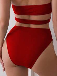SHEIN Swim 女士纯色环扣镂空性感吊带连体泳衣 - 紅色 - 查看 3