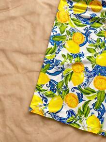 Soleia 度假风格 2 件套：白色纹理针织吊带背心和热带彩色西西里水果印花抽绳系带开衩裙