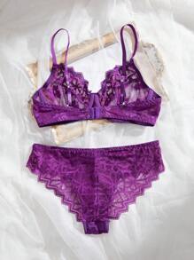 Esselle 2 件套女士蕾丝性感内衣钢圈文胸和内裤套装，简约时尚，适合休闲和日常穿着 - 紫色 - 查看 2