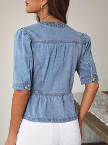 EMERY ROSE Women Denim Jacket With Short Puff Sleeves, Single-Breasted, Ruffle Hem, Casual Style - Light Wash - View 2