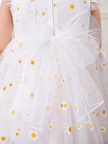 Babygirl Cute & Elegant White Floral Print Mesh Cap Sleeve Summer Mini Dress - White - View 7