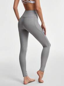 SHEIN Sports 女士纯色高腰无缝紧身裤 - 炭灰 - 查看 2