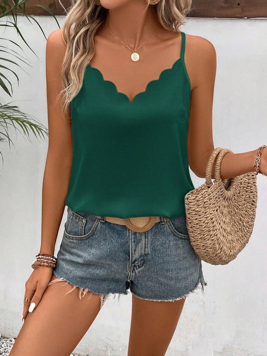 SHEIN Frenchy Casual Vacation Solid Color Shell Trim Camisole Summer Green - Dark Green - View 1