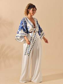 Sunserae 大码女式陶瓷蓝印花 V 领短袖波西米亚度假衬衫，春夏 - 藍色 - 查看 4