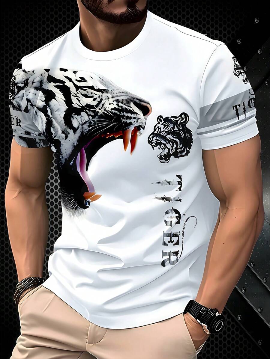 Manfinity LEGND Men's Animal & Letter Print Casual Round Neck Short Sleeve T-Shirt, Summer - Multicolor - View 1