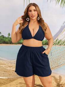 Swim Lushoire Plus Size Summer Holiday Beach Slant Pocket Elastic Waist Boardshorts Black Shorts Womenwomen Sports Shortsbeach Shorts