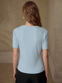 MOTF PREMIUM CAMISETA DE MANGA CORTA CON DETALLES DE PERLAS FALSAS - Azul - Ver 5