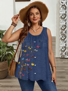 EMERY ROSE Plus Size Casual Butterfly Pattern Print Loose Pleated Wide Strap Camisole And Tank Top, Suitable For Spring/Summer - Multicolor - View 4