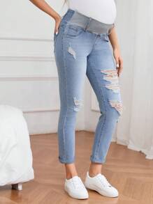 SHEIN Maternity Elastic Washed Distressed Skinny Jeans  Summer Outfits For Women Festival Outfits - Medium Wash - View 4