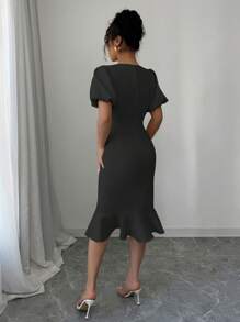 Elenzga Black Bow Ruffle Hem Puff Sleeve Elegant Dress For Women - Black - View 2