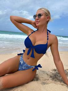 Swim Vcay Printed Tankini Swimwear With Push Up Effect, Removable Cups For Summer Beach Vacation - Navy Blue - View 1