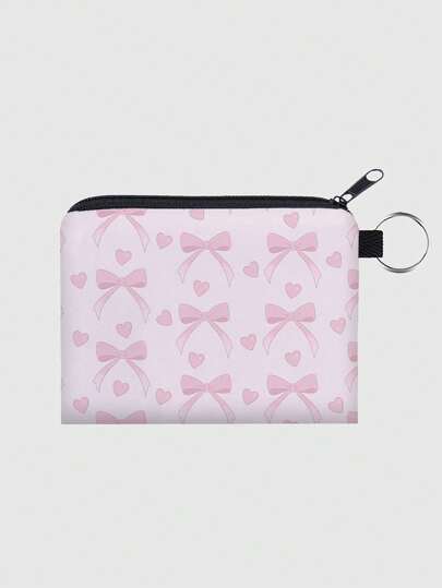 Kawaii Modèle floral N°: 1303026 Porte-monnaie zippé portable en polyester avec motif nœud papillon cœur 3D imprimé rose. Porte-monnaie pour femmes, cadeau de vacances