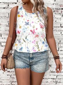 SHEIN LUNE Plus Size Floral Print Camisole And Tank Top Set, Suitable For Vacation Suitable For Going Out - White - View 5