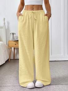 SHEIN EZwear 女士黄色编织长裤，夏季时尚 - 黃色 - 查看 4