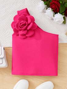 Tween Girl Fitted Elegant Asymmetric Floral Decor Sleeveless Solid Color Tank Top - Hot Pink - View 1