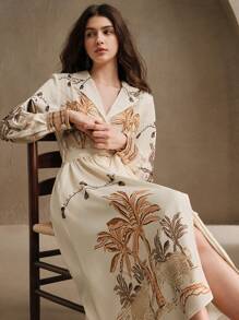 Anewsta 女装春夏高端椰子树时尚优雅印花飘逸长袖连衣裙