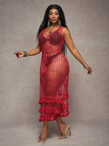 Slaydiva Plus Size Fitted Long Red Fringe Hollow-Out Vacation Dress, Spring/Summer - Red - View 6