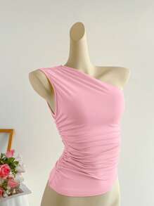 Elamini 杏色褶皱紧身肩带衬衫，时尚简约休闲优雅日常通勤上衣，女士，春夏 - 粉色 - 查看 3