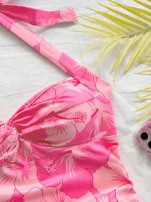 Soleia 女士度假粉色镂空印花前扭结领蝴蝶结不对称荷叶边下摆迷你连衣裙，适合派对、海滩、夏装、下午茶、女士夏季连衣裙女士夏季服装女士连衣裙女士连衣裙短款女士夏季服装女士夏季服装 - 彩色 - 查看 3