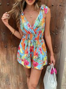 Breezaya 夏季新款女式印花连体裤。褶饰腰部设计凸显腰线，无袖款式配有可调节肩带。宽松阔腿版型适合各种体型，充满休闲度假气息。非常适合海滩、商店购物和野餐，轻松打造休闲又吸睛的造型，是夏季出游的理想之选。 - 藍色 - 查看 5