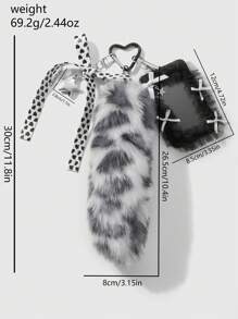 ROMWE Grunge Punk 1 件 Y2K 复古甜美哥特风格灰色毛绒动物豹纹假尾巴，皮革心形蝴蝶结，CCB 星形网纱蕾丝卡包，DIY 钥匙扣包包吊坠，适合上班族、学生和日常穿着，节日礼物，万圣节