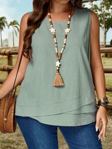 EMERY ROSE Plus Size Women's Round Neck Asymmetrical Bean Green Tank Top, Solid Color Fashion, Suitable For Summer, Carnival Top, Easter Top Curve,Country Concert - Green - View 5