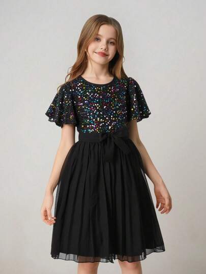 Girls' Round Neck Mesh Panel Beaded Sequined Elegant Ball Gown Party Dress, Flower Girl Princess Wedding Guest Holiday Dress