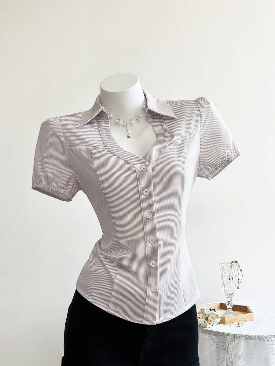 Elamini Striped Patchwork Ditsy Floral Collar Short Sleeve Shirt - Multicolor - View 1