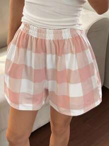 DAZY 简约格纹宽松短裤女士家居短裤家居服睡眠短裤 - 粉色 - 查看 4