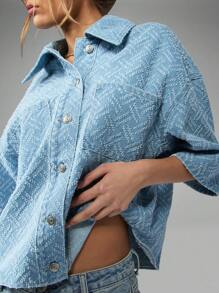MISSGUIDED Giacca camicia oversize in denim con trapuntatura, chiusura con bottoni, colletto, in colore blu chiaro, adatta per la stagione invernale e primaverile, casual, da strada