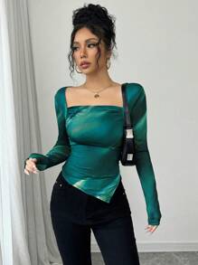 Elenzga Camiseta de punto ajustada con cuello cuadrado, camiseta con estampado de teñido anudado y dobladillo asimétrico, camiseta de punto ajustada con estampado de malla - Verde - Ver 5