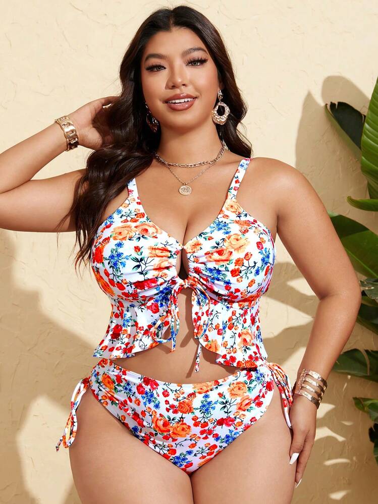 Swim Mod Plus Size Women's White Ditsy Floral Ruffled Tie Front Crop Top And Side Tie Shorts 2 Pieces Swimwear, Summer Resort Wear - White - View 5