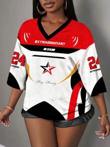 Slaydiva Casual Minimalist Letter & Numeral Print Women T-Shirt, Suitable For Summer, Sports Events