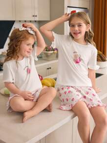 Tween Girls Minimalist Love Print Ruffle Trim White Top & Shorts 2 Pieces Pajama Set - Beige - View 5