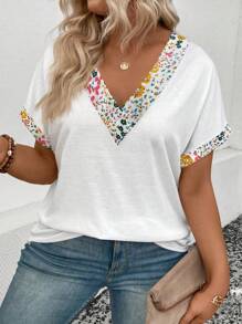 SHEIN Plus Size Summer Casual Ditsy Floral Patchwork T-Shirt - White - View 3