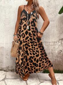 SHEIN Holidaya Plus Size Women Leopard Print Loose Plus Size Dress, Summer - Brown - View 4