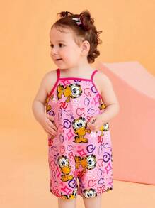 GARFIELD | SHEIN Baby Girls Cute Heart & Cartoon Print Pink Rompers Jumpsuit, Summer - Watermelon Pink - View 3