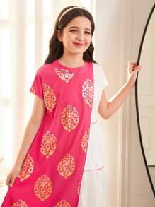 SHEIN Tween Girl Oversized Casual Pattern Foil Print Color Block Layered Round Neck Dress - Pink - View 3