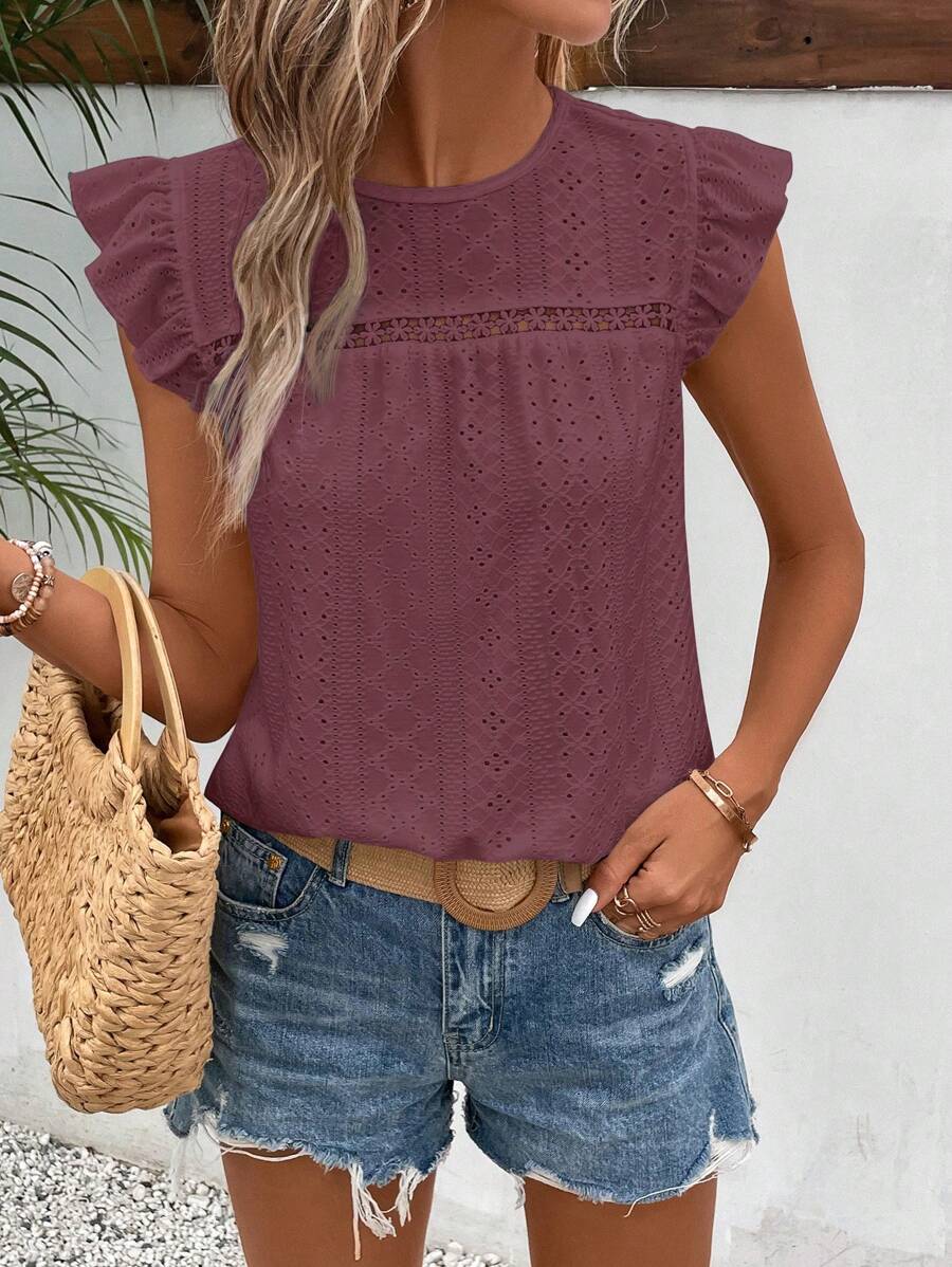 SHEIN Frenchy Eyelet Embroidery Ruffle Trim Round Neck Lace Trimmed Tee Summer - Dusty Purple - View 1