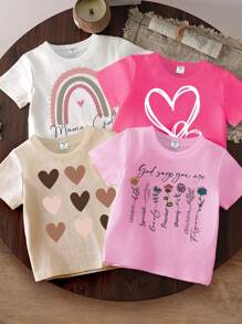 SHEIN 4pcs Young Girls' Adorable Letter And Heart Pattern Short Sleeve T-Shirt, School, Campus, College