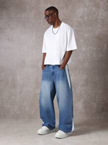 SUMWON 超宽腿滑板牛仔裤 Y2K 风格宽松牛仔裤街头潮流滑板宽松版型都市时尚潮流男士四季下装 - 藍色 - 查看 3