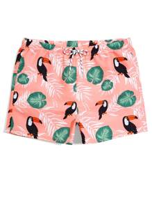 Manfinity Swimmode Men's Tropical Botanical Print Drawstring Waist Beach Shorts - Black - View 1