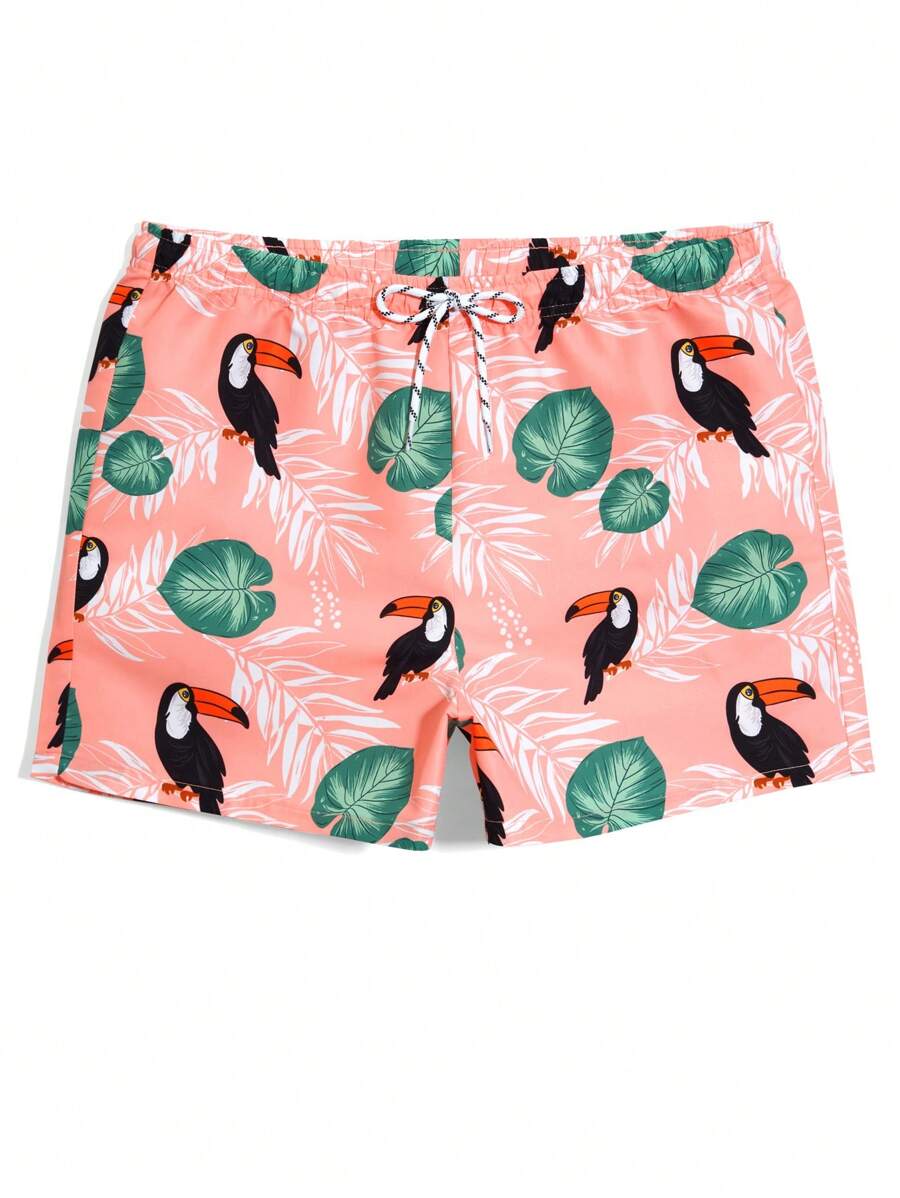 Manfinity Swimmode Men's Tropical Botanical Print Drawstring Waist Beach Shorts - Black - View 1